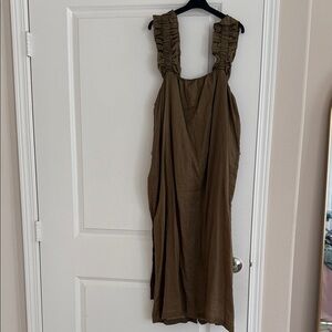 Women's Olive Brown Ruffle Strap Midi Dress
